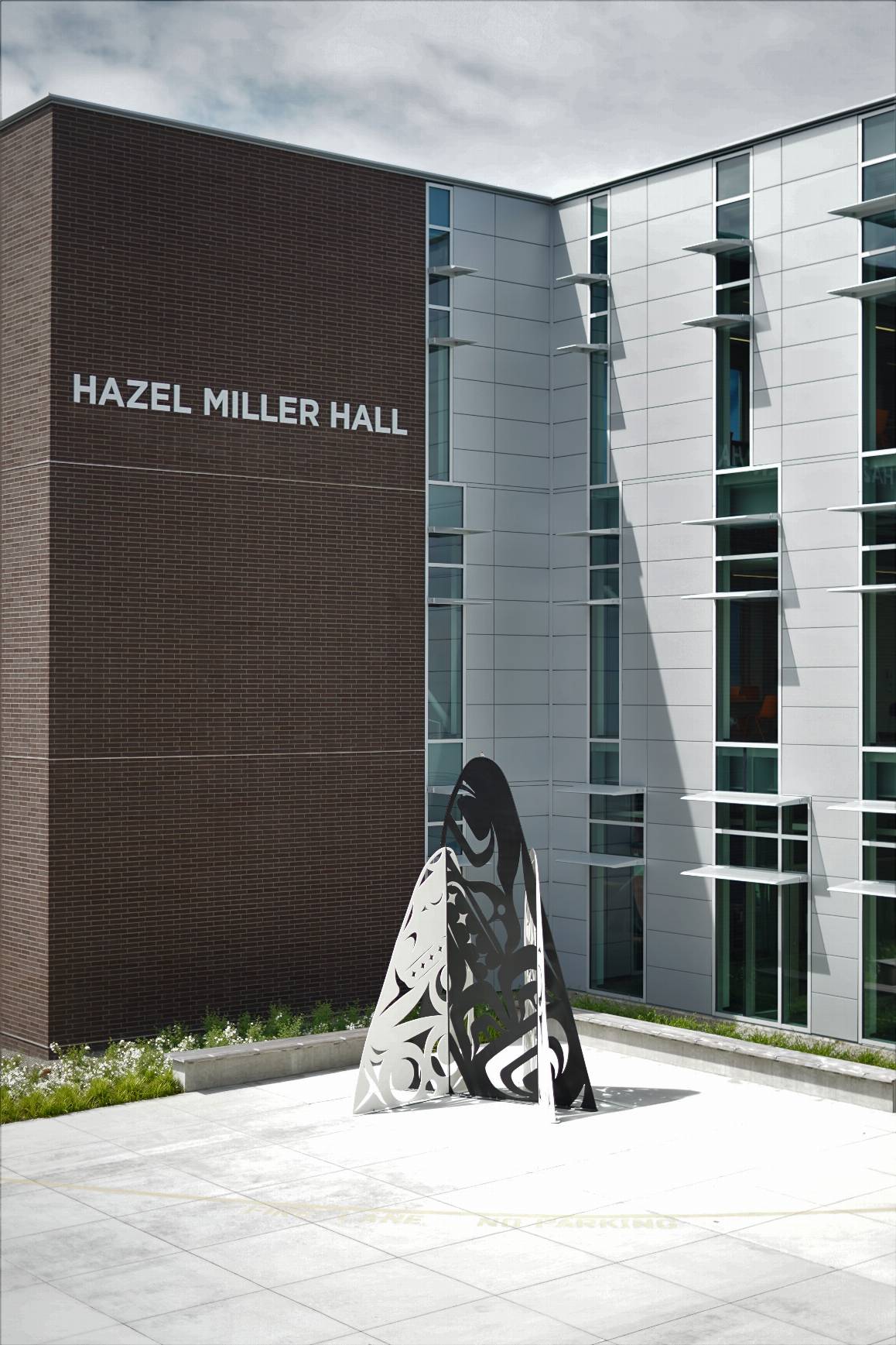 Photograph of sculpture outside Hazel Miller Hall.